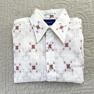 Vtg 70s JC Penney Dagger Collar Button Up Shirt Red Embroidery Size 16-34 ( L)